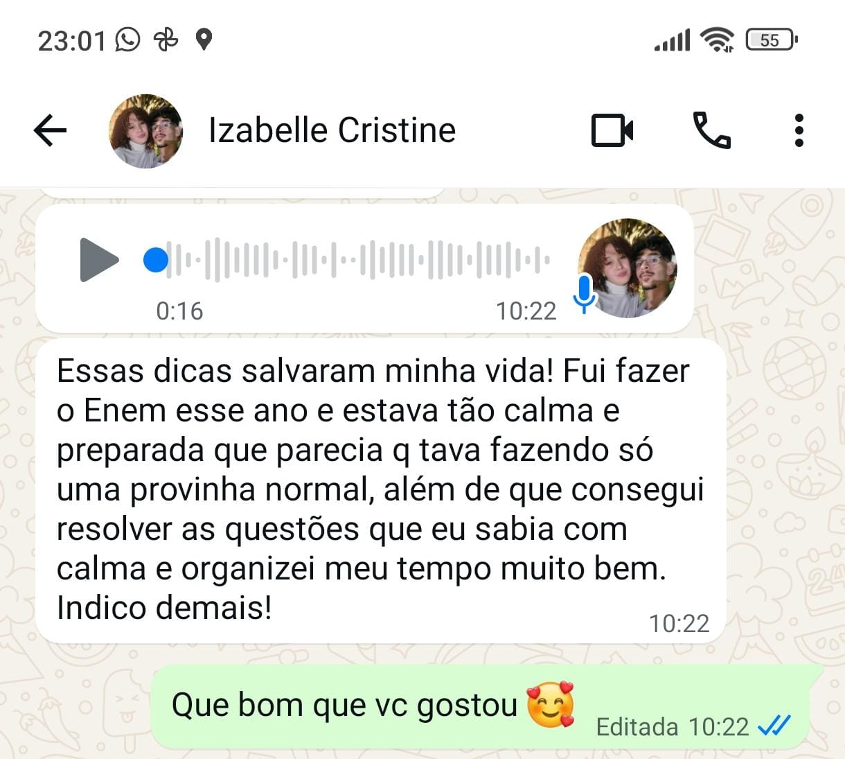 Depoimento de Izabelle Cristine enviado por mensagem