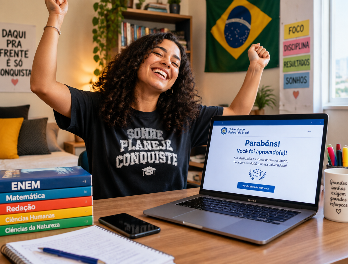 Estudante comemorando a aprovação na universidade, com o computador mostrando a mensagem de aprovação