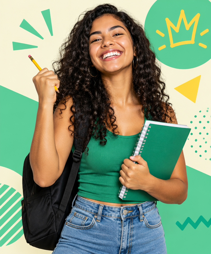 Estudante comemorando a aprovação no ENEM, sorrindo com caderno e lápis na mão